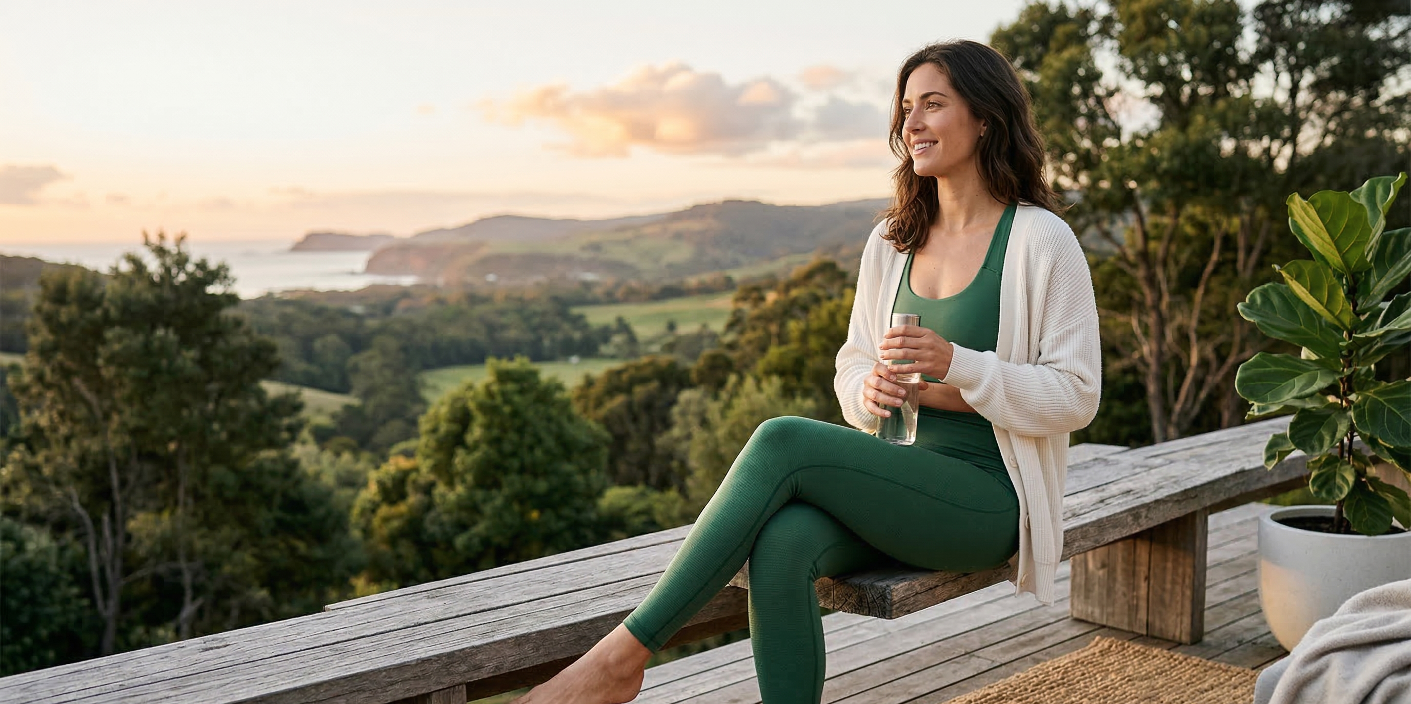 Woman sitting on a wooden deck overlooking a scenic landscape with trees and mountains.